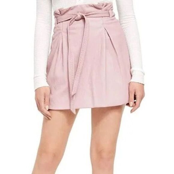 Free People Women's Payton Pink Faux Leather Paperbag Mini Skirt Size 6 - Picture 1 of 6